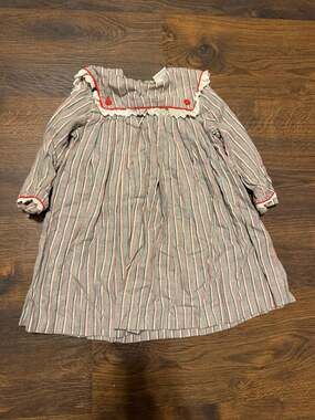 Vintage Sarah Louise England Striped Dress with Eyelet Trim and Red Buttons Age